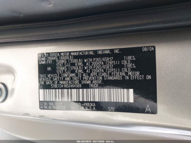 2005 TOYOTA TUNDRA 5TBET34185S464569 Photo 8