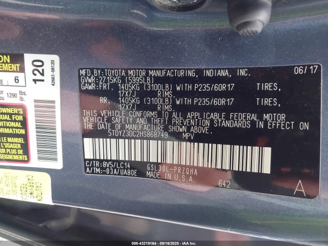 5TDYZ3DC2HS868749 Toyota 2gr-fks