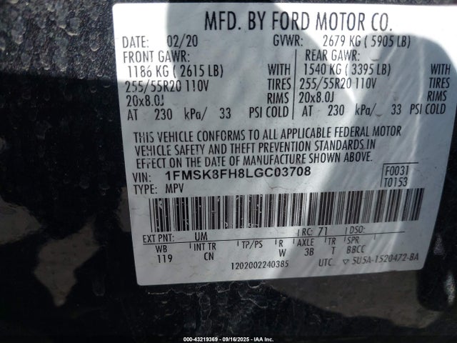 1FMSK8FH8LGC03708 Ford Explorer