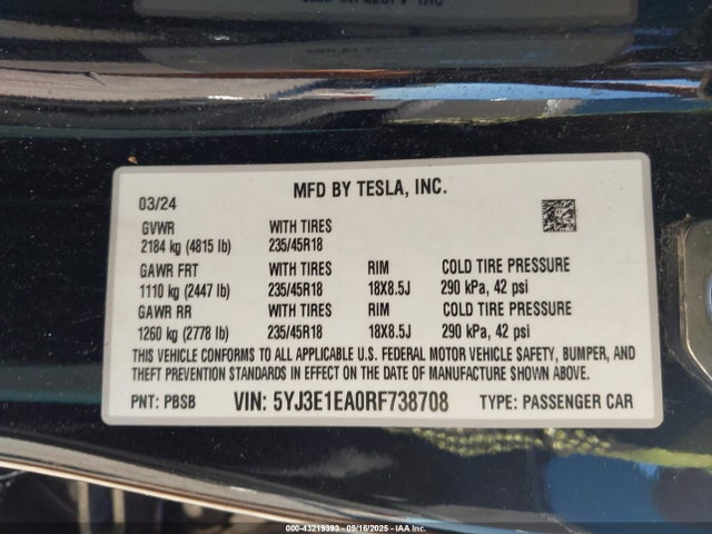 2024 TESLA MODEL 3 5YJ3E1EA0RF738708 Photo 8