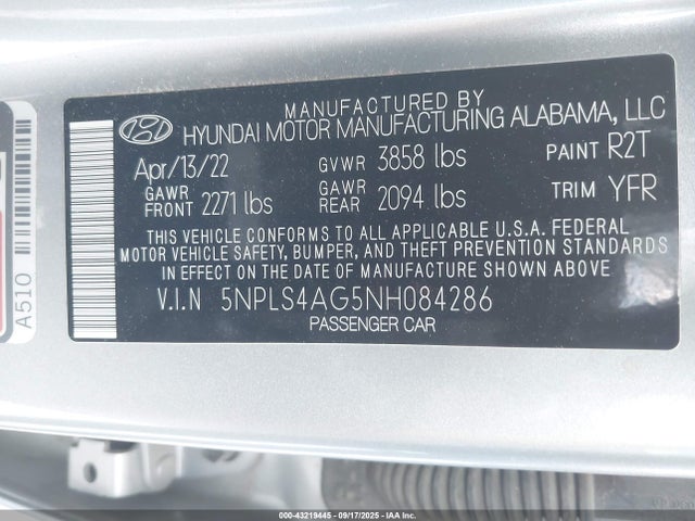 5NPLS4AG5NH084286 Hyundai mpi nu pe