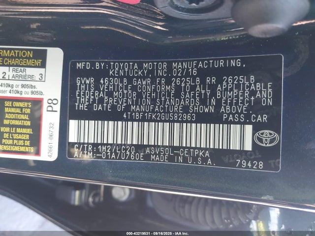 Toyota 2ar-fe 2016 4T1BF1FK2GU582963 Image 9