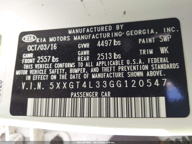 5XXGT4L33GG120547 KIA t-gdi theta ii