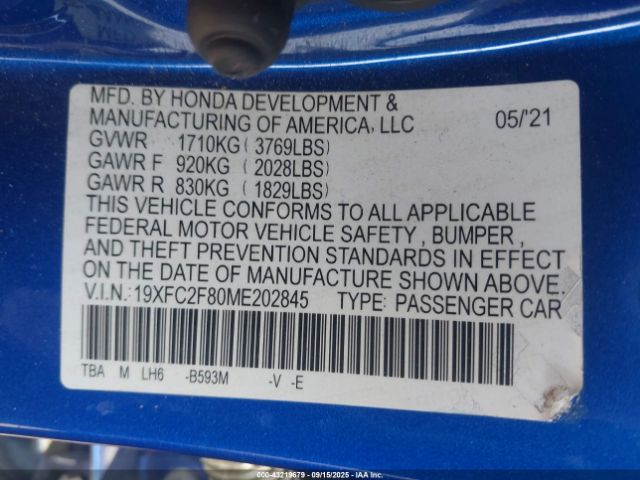 2021 HONDA CIVIC 19XFC2F80ME202845 Photo 8