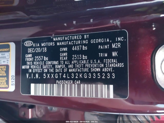 5XXGT4L32KG335233 KIA gdi