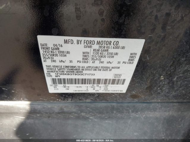 2016 FORD EXPLORER 1FM5K8GT9GGC71733 Photo 8