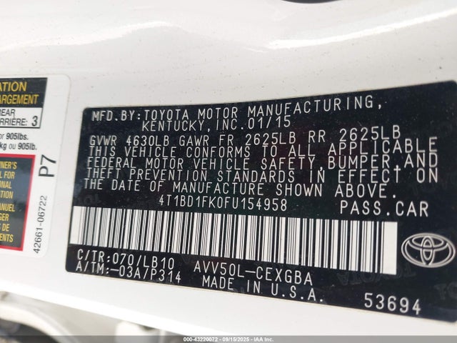 4T1BD1FK0FU154958 Toyota 2ar-fxe+2jm