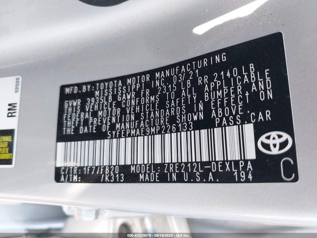 Toyota 2zr-fae 2021 5YFEPMAE9MP226133 Image 9
