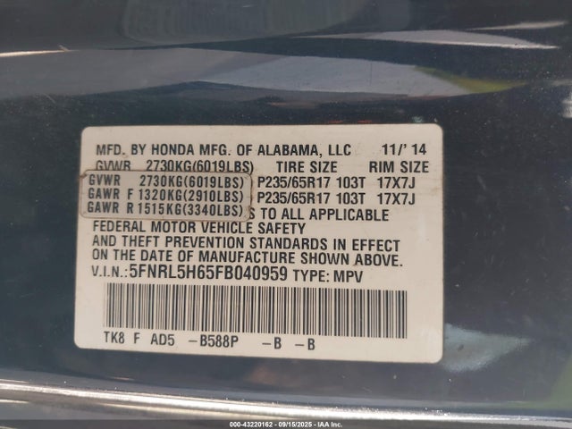 Honda j35z8 2015 5FNRL5H65FB040959 Image 9