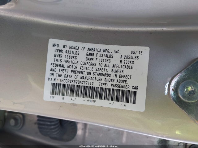 1HGCR2F92GA207113 Honda k24w1