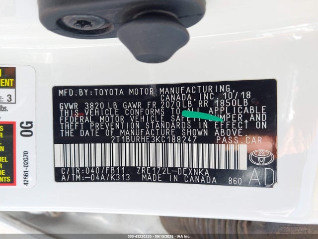 Toyota 2zr-fe 2019 2T1BURHE3KC188247 Image 9