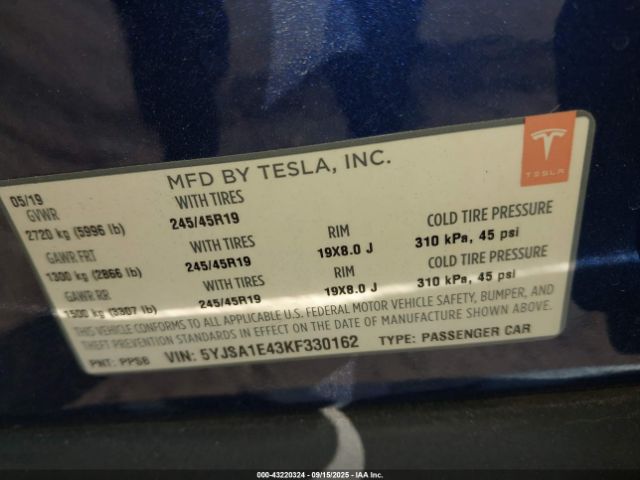 2019 TESLA MODEL S 5YJSA1E43KF330162 Photo 8