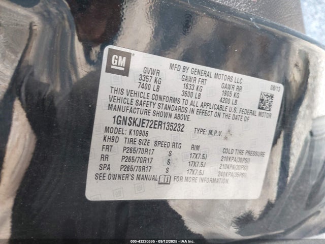 1GNSKJE72ER135232 Chevrolet lc9 - flex fuel (gas/alc), aluminium cylinder, deactivation