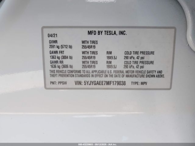2021 TESLA MODEL Y 5YJYGAEE7MF179038 Photo 8