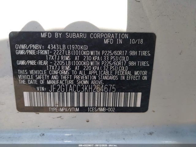Subaru naturally aspirated 2019 JF2GTACC3KH264675 Image 9