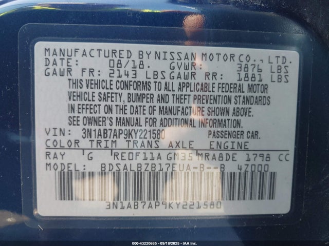 Aukcja sprzedaży 2019 Nissan Sentra S, vin: 3N1AB7AP9KY221580, numer aukcji: 43220665