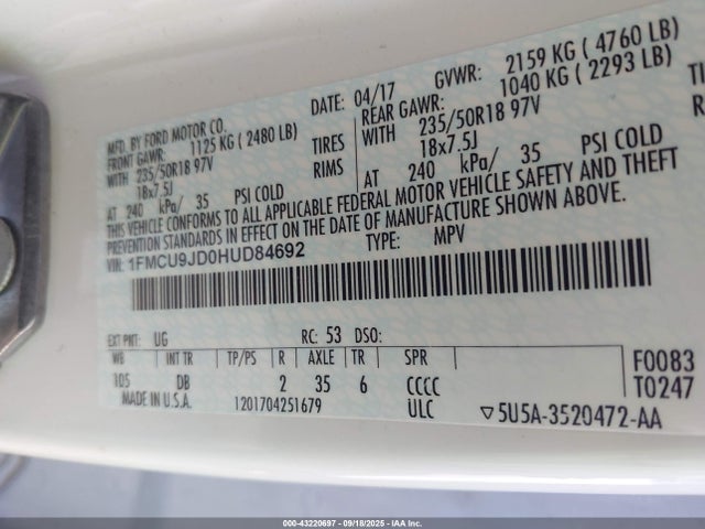 Продажа на аукционе авто 2017 Ford Escape Titanium, vin: 1FMCU9JD0HUD84692, номер лота: 43220697