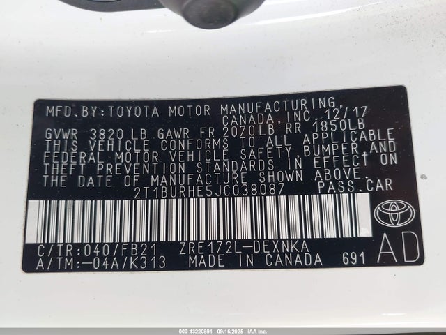 2T1BURHE5JC038087 Toyota 2zr-fe