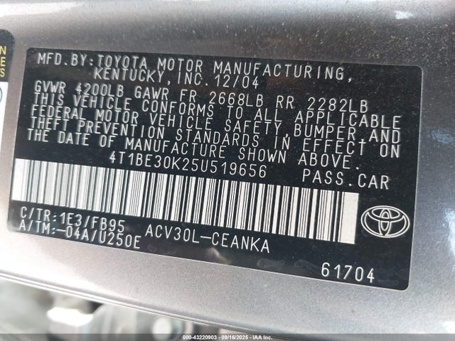 43220903 :رقم المزاد ، 4T1BE30K25U519656 vin ، 2005 Toyota Camry Le مزاد بيع