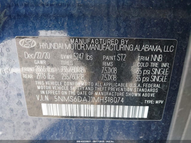 5NMS6DAJ1MH318074 Hyundai gdi theta iii