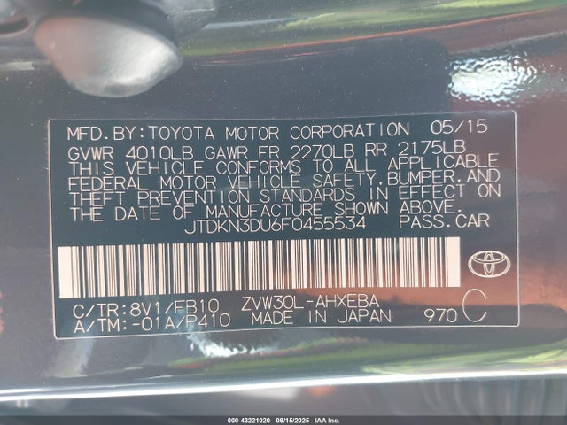 Aukcja sprzedaży 2015 Toyota Prius Two, vin: JTDKN3DU6F0455534, numer aukcji: 43221020