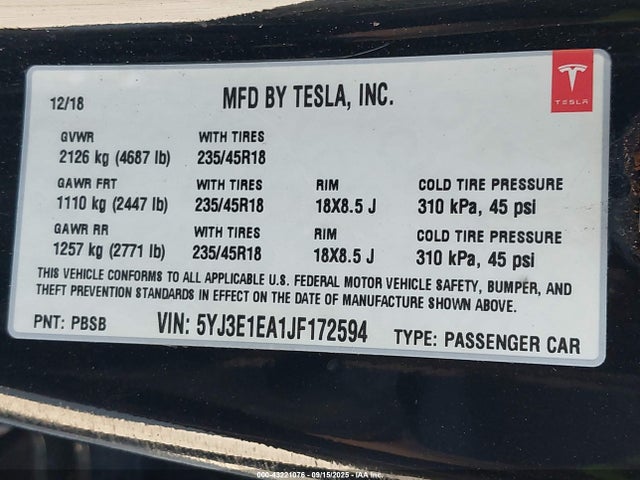 5YJ3E1EA1JF172594 Tesla MODEL 3