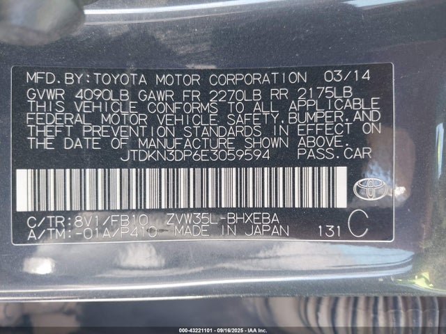 Toyota 2zr-fxe+3jm 2014 JTDKN3DP6E3059594 Image 9