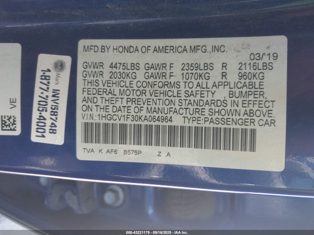 1HGCV1F30KA064964 Honda l15be