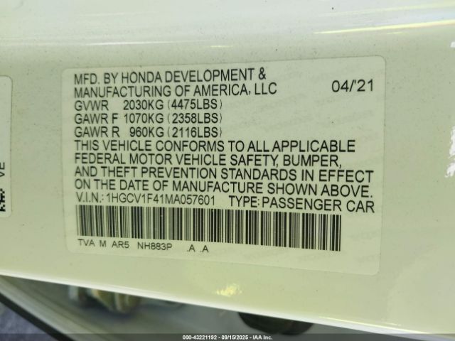 2021 HONDA ACCORD 1HGCV1F41MA057601 Photo 8