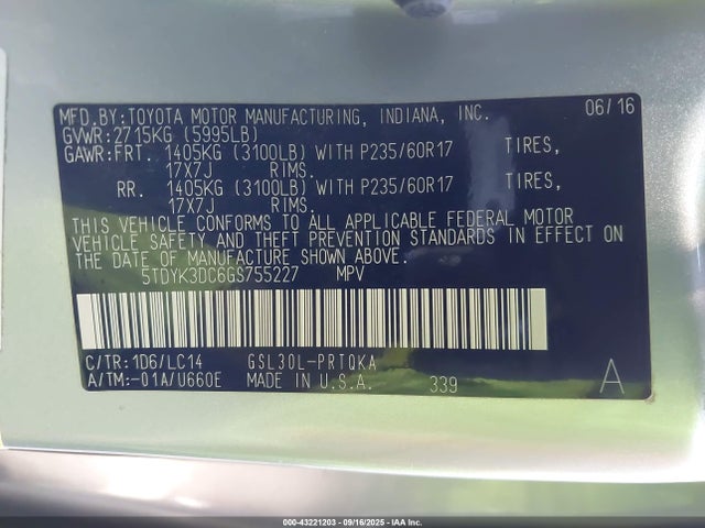 5TDYK3DC6GS755227 Toyota 2gr-fks