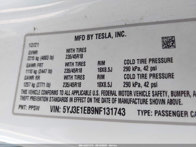 2022 TESLA MODEL 3 5YJ3E1EB9NF131743 Photo 8