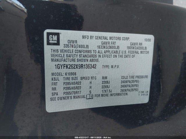 2009 CADILLAC ESCALADE ESV 1GYFK262X9R136342 Photo 8
