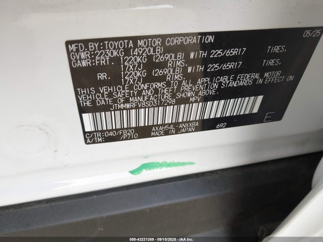 JTMMWRFV8SD317298 Toyota a25a-fxs