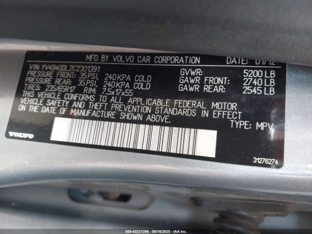 2012 VOLVO XC60 YV4940DL2C2301391 Photo 8