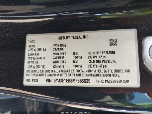 2021 TESLA MODEL 3 5YJ3E1EB8MF868639 Photo 8