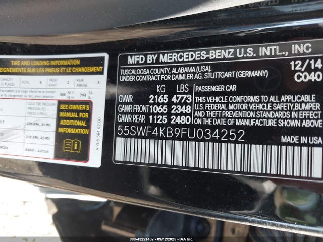 2015 Mercedes-benz C 300 4matic მანქანა იყიდება აუქციონზე, vin: 55SWF4KB9FU034252, აუქციონის ნომერი: 43221437