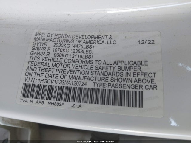 1HGCV1F33NA120724 Honda l15be