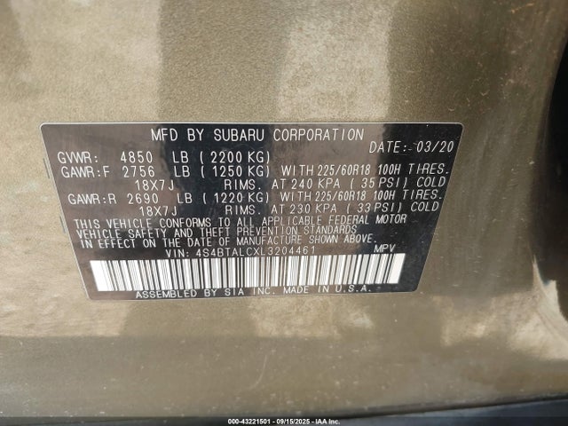 4S4BTALCXL3204461 Subaru Outback Limited