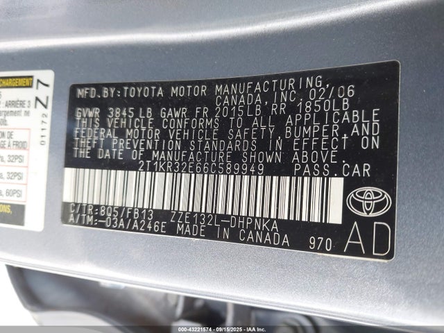 43221574 :رقم المزاد ، 2T1KR32E66C589949 vin ، 2006 Toyota Matrix Xr مزاد بيع