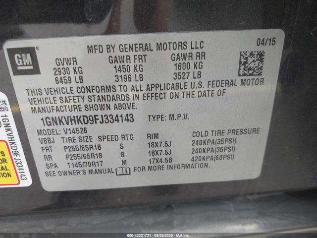 1GNKVHKD9FJ334143 Chevrolet llt