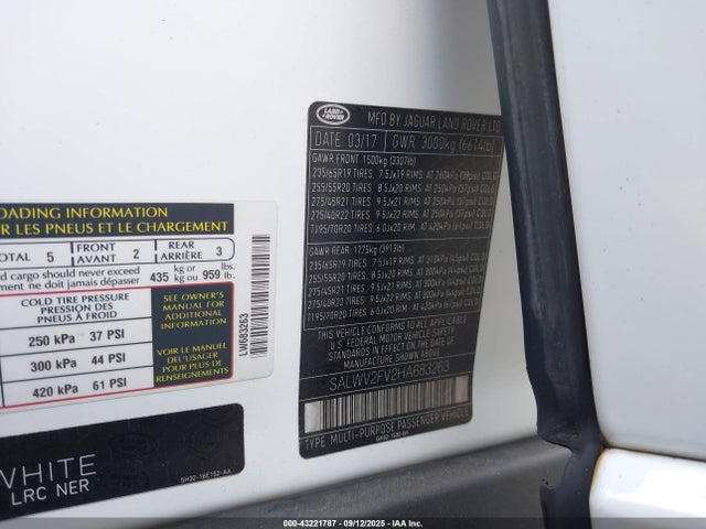 SALWV2FV2HA683263 Land Rover s/c lev3 sulev30