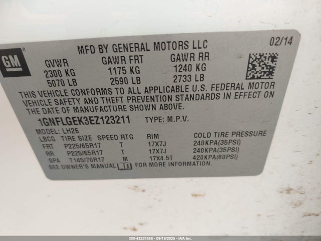 1GNFLGEK3EZ123211 Chevrolet lea - flex fuel (gas/alc), aluminum, high output