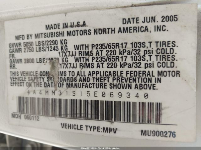 2005 MITSUBISHI ENDEAVOR 4A4MM31S15E069340 Photo 8