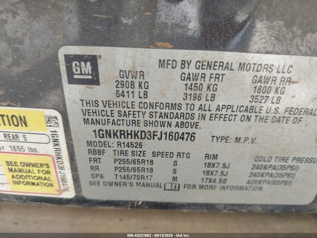 Chevrolet llt 2015 1GNKRHKD3FJ160476 Image 9