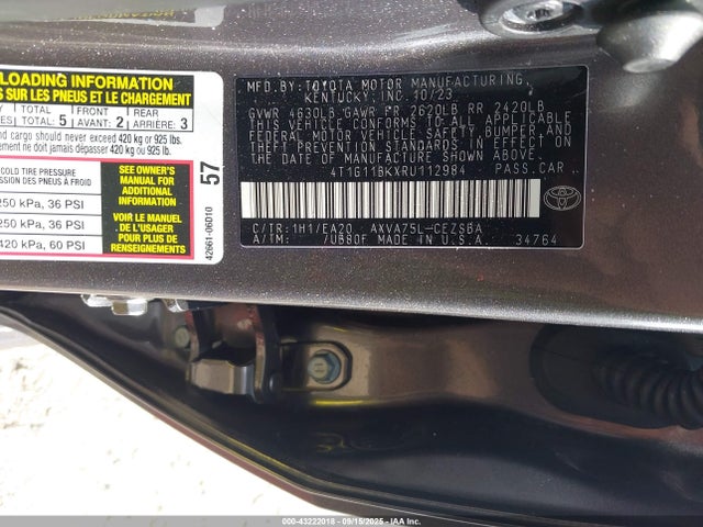 Продаж на аукціоні авто 2024 Toyota Camry Se, vin: 4T1G11BKXRU112984, номер лоту: 43222018