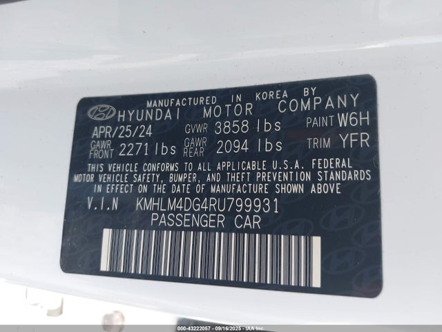 Aukcja sprzedaży 2024 Hyundai Elantra Sel, vin: KMHLM4DG4RU799931, numer aukcji: 43222057