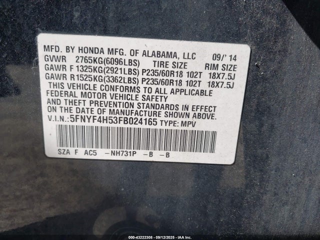 Honda j35z4 2015 5FNYF4H53FB024165 Image 9