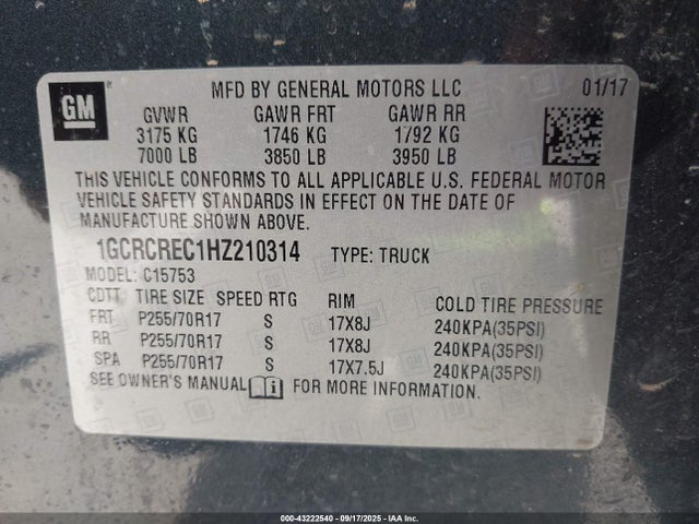 43222540 :رقم المزاد ، 1GCRCREC1HZ210314 vin ، 2017 Chevrolet Silverado 1500 1lt مزاد بيع