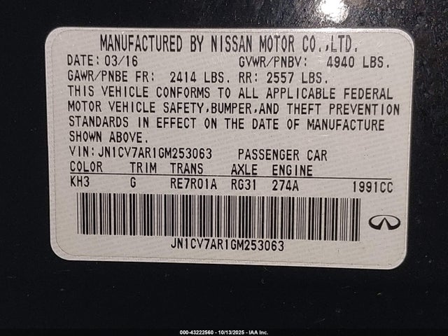 Продаж на аукціоні авто 2016 Infiniti Q50 2.0t Premium, vin: JN1CV7AR1GM253063, номер лоту: 43222560