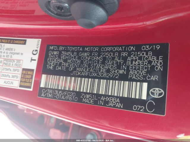 2019 TOYOTA PRIUS JTDKARFUXK3082972 Photo 8